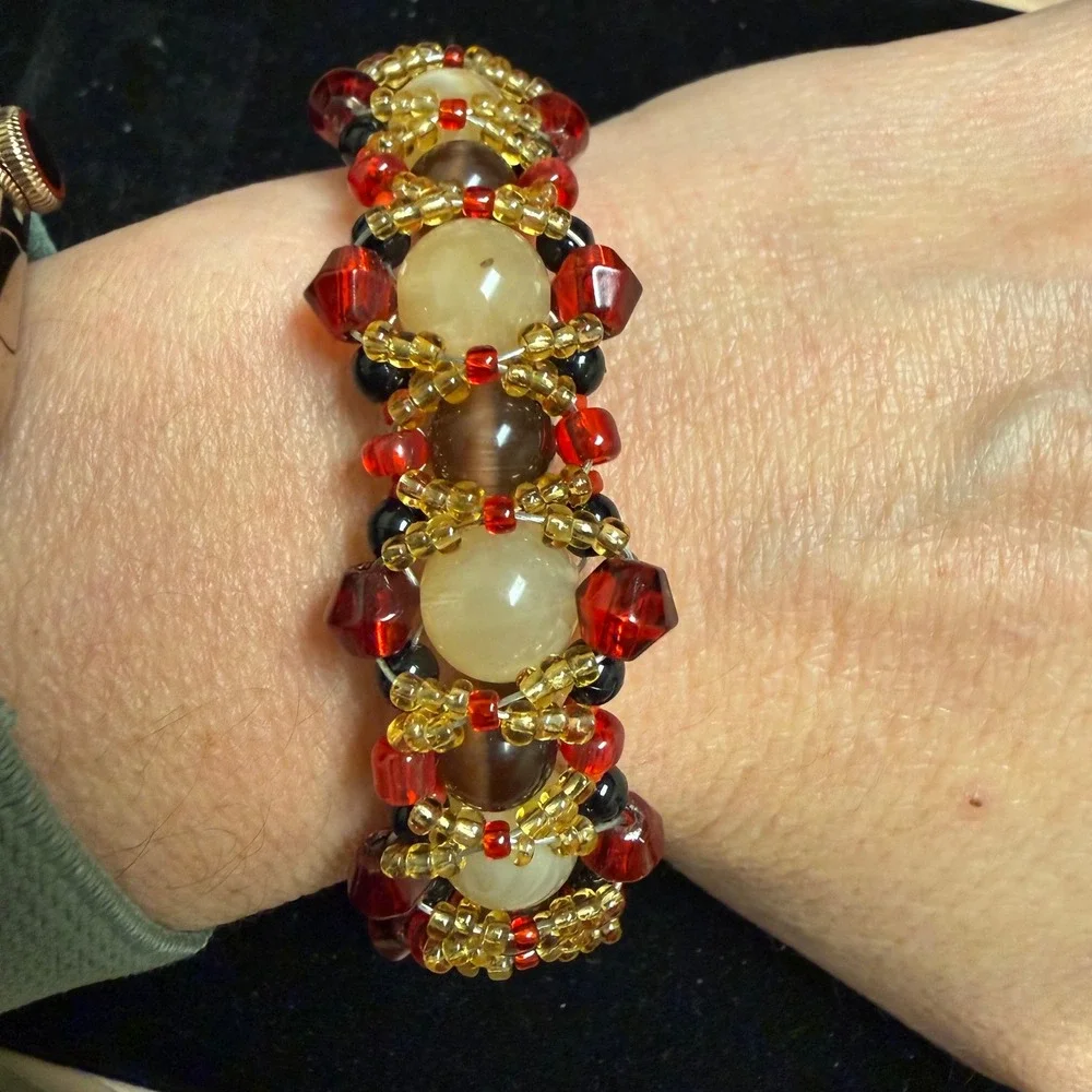 Handmade Beaded Woven Bracelet Red Amber‎ Brown Glass Crystal Boho Statement